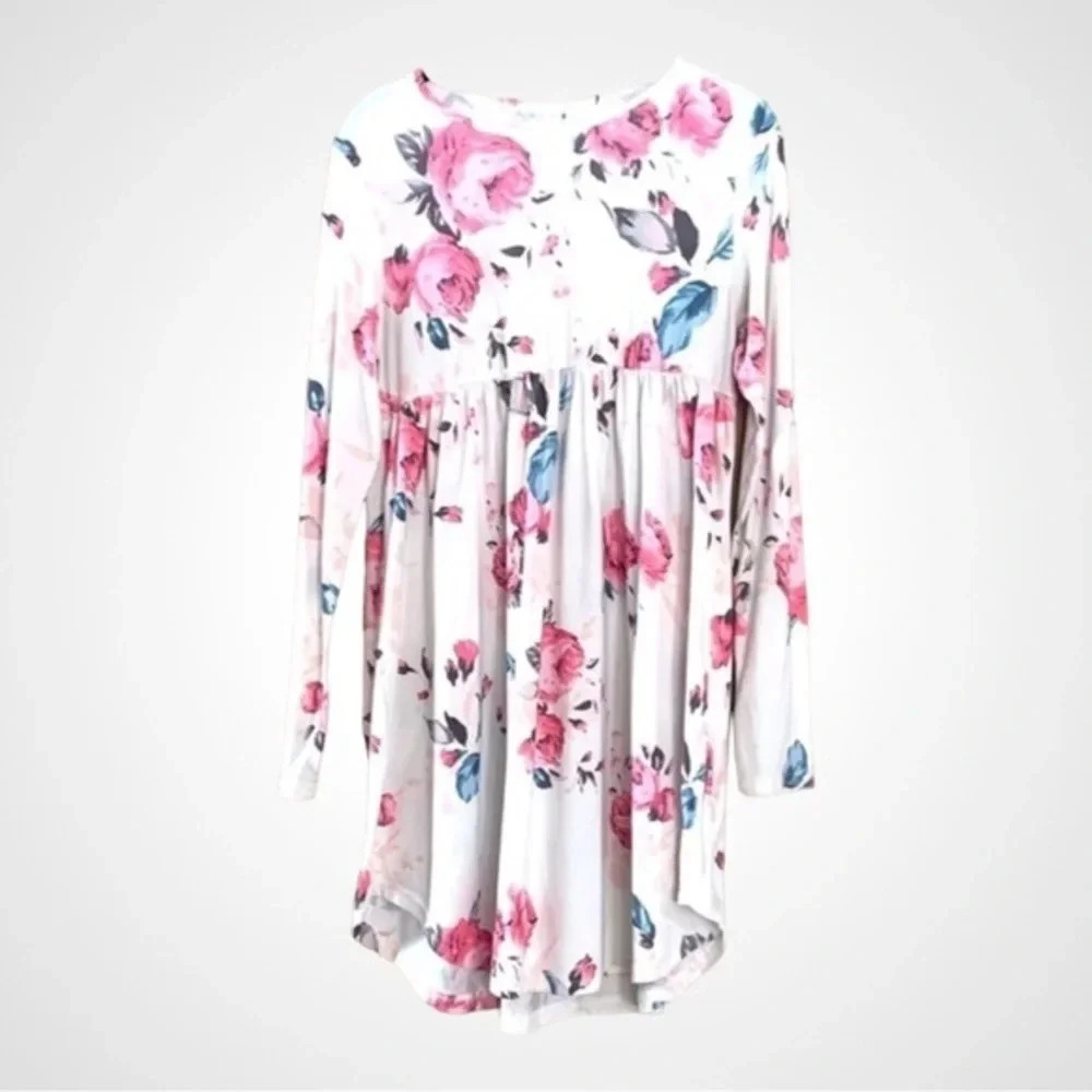 Macr & Steve Floral Long Sleeve Babydoll‎ Tunic with Flared Hem | Size M…